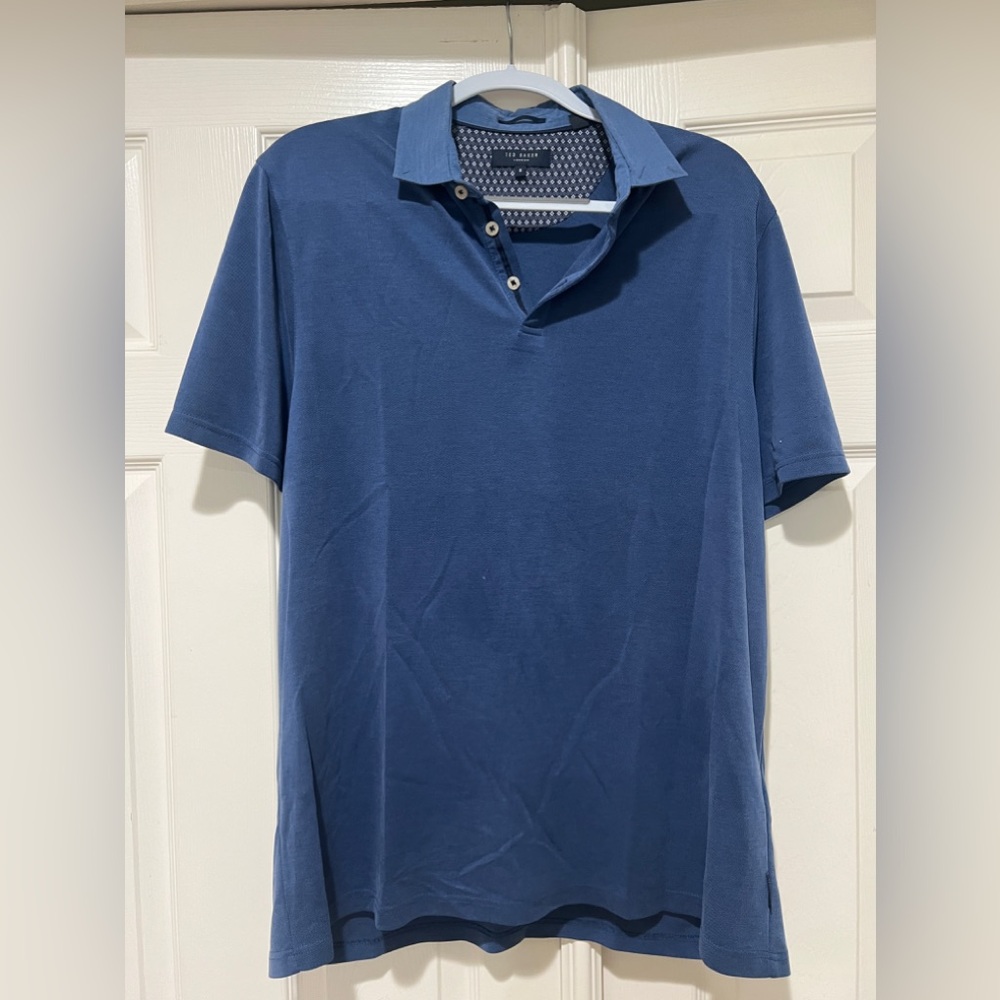 Ted Baker Blue Modal Polyester Blend Short Sleeve Polo Shirt  Relaxed Fit Size L